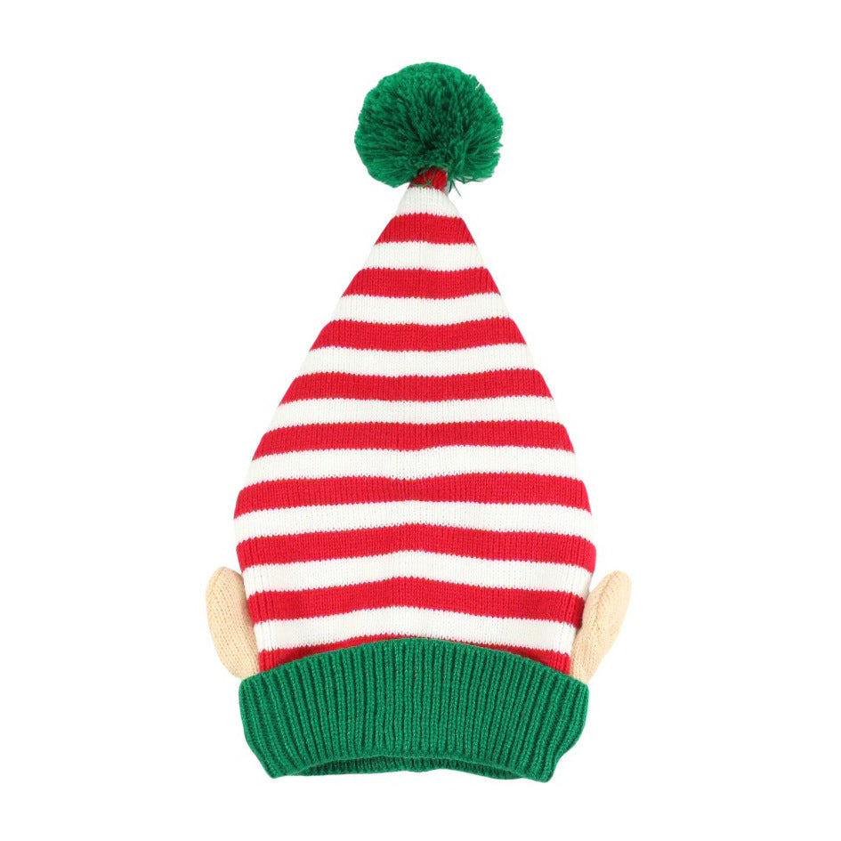 Wholesale Striped Christmas hat with small ears and jacquard pom-pom festive knit hat